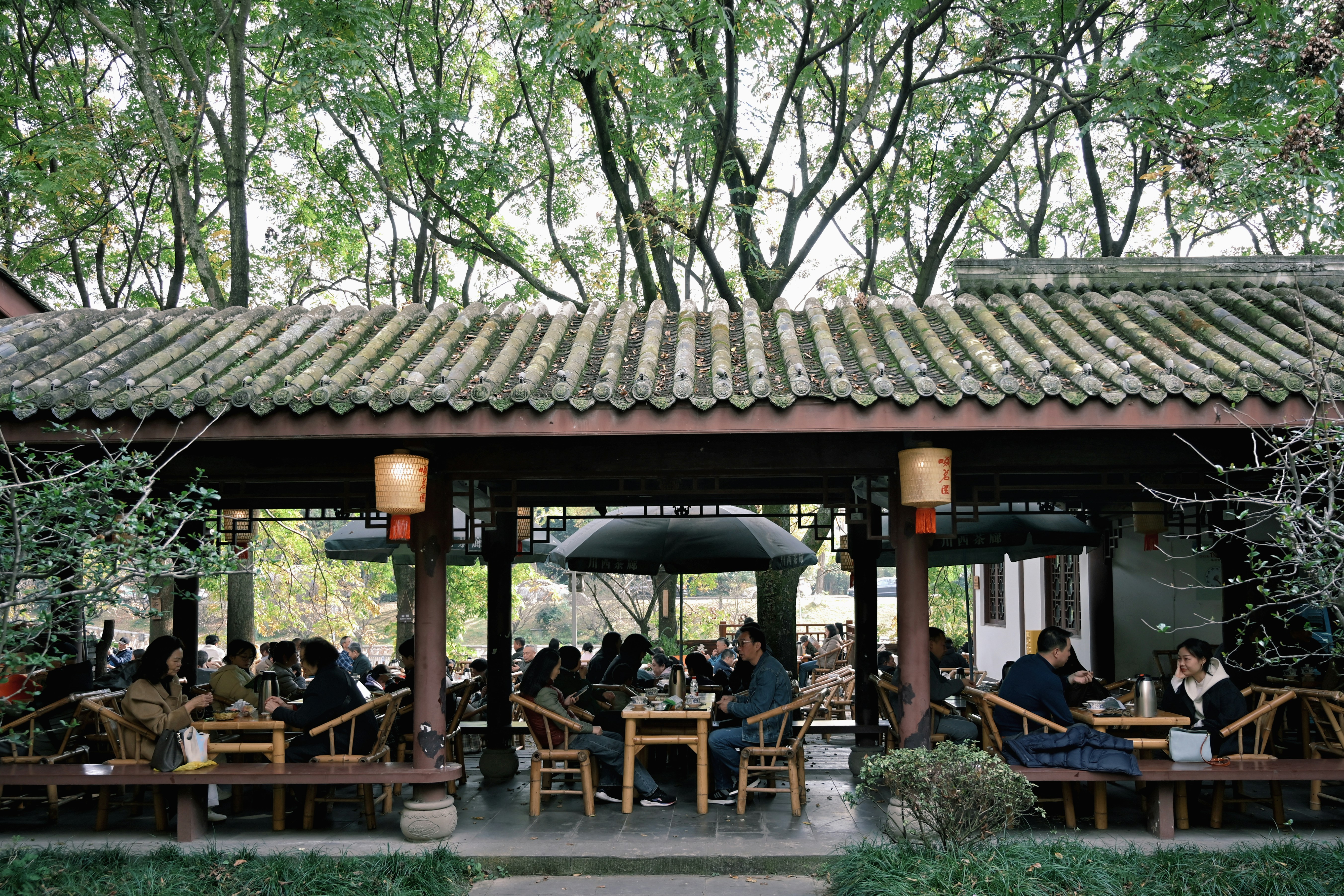 Traditional bamboo chairs and copper teapots under trees at Heming Teahouse.