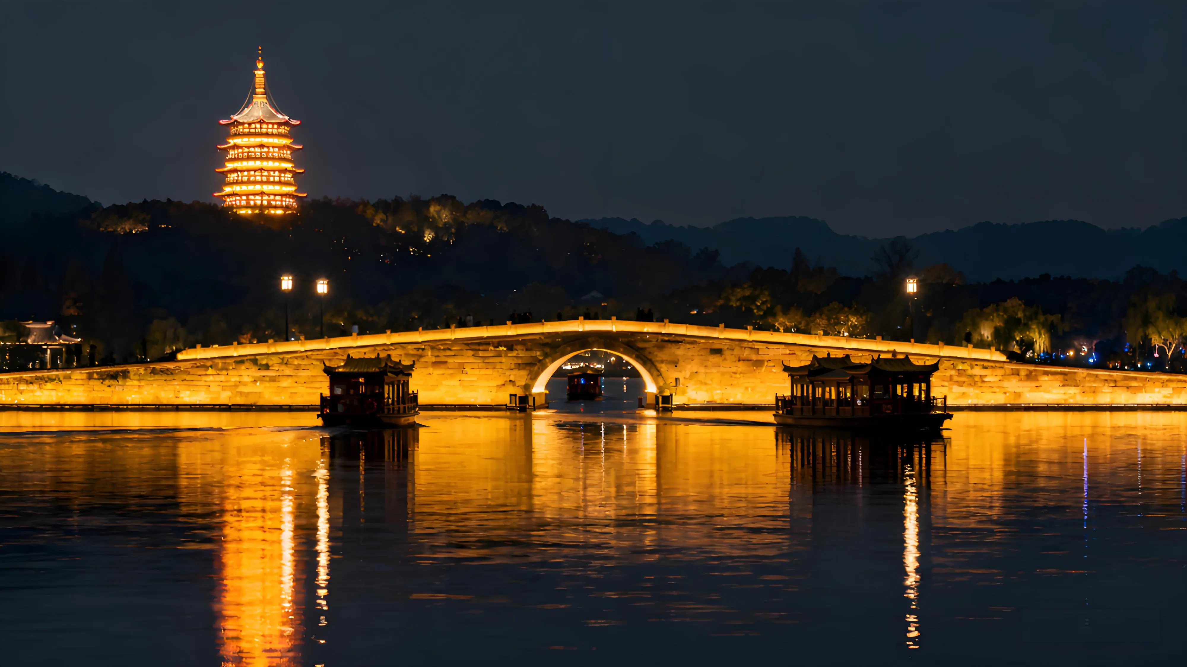 Leifeng Pagoda silhouette standing tall against a glowing orange sunset over West Lake.